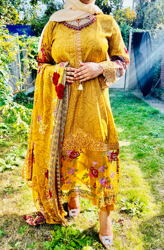 Oranjeta Premium Muskan Collection Mustard Printed Lawn Suit with Embroidered Ghera and Sleeves - Trouser, Chiffon